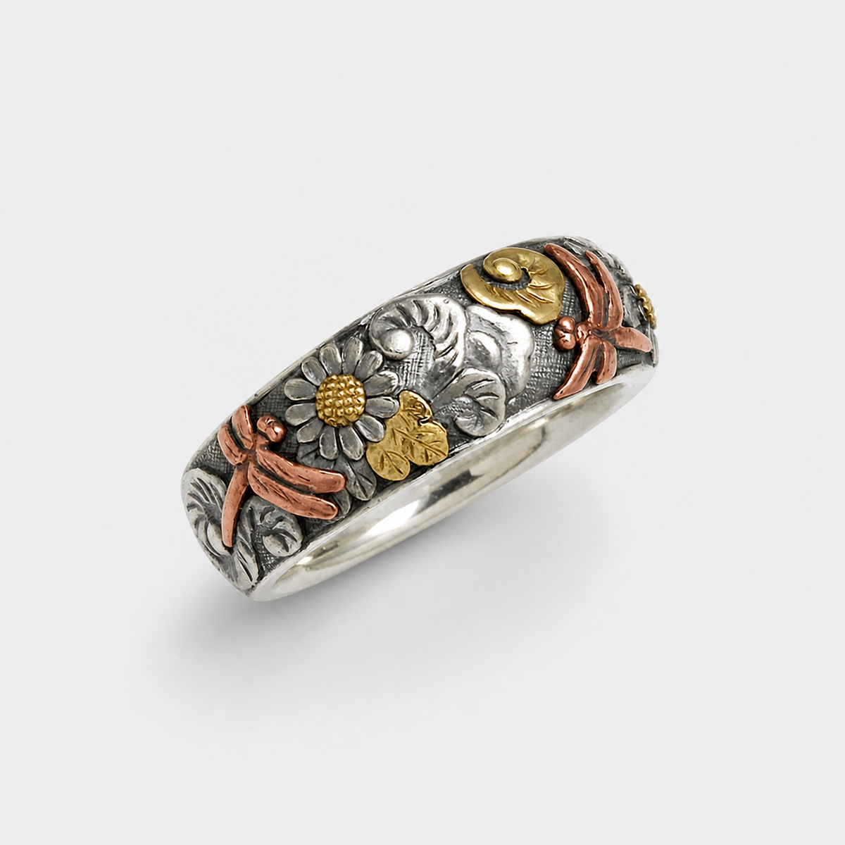 Dragonfly Sunflower Silver Ring