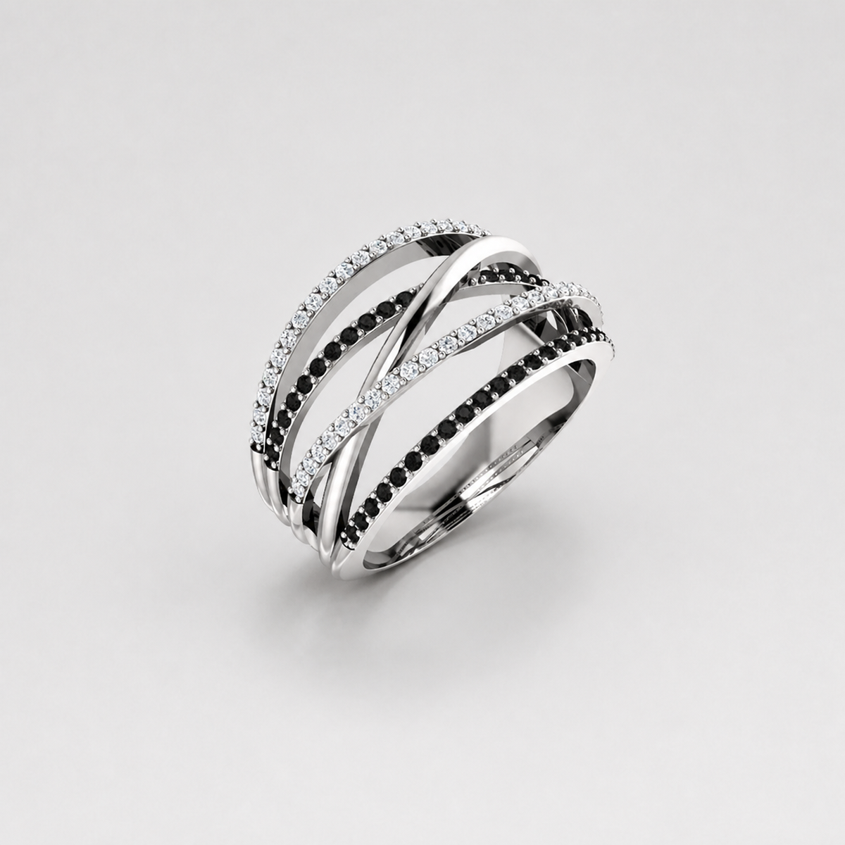 Black White Crossover Statement Ring on light gray studio background