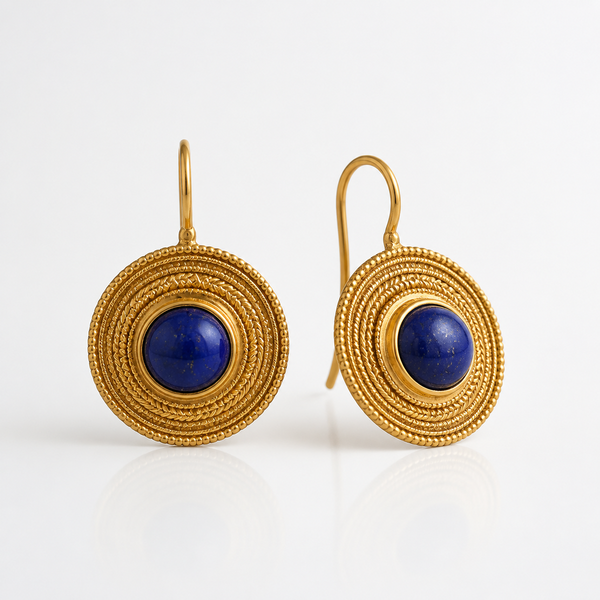 Blue Round Gemstone Hanging Earrings – studio product photo