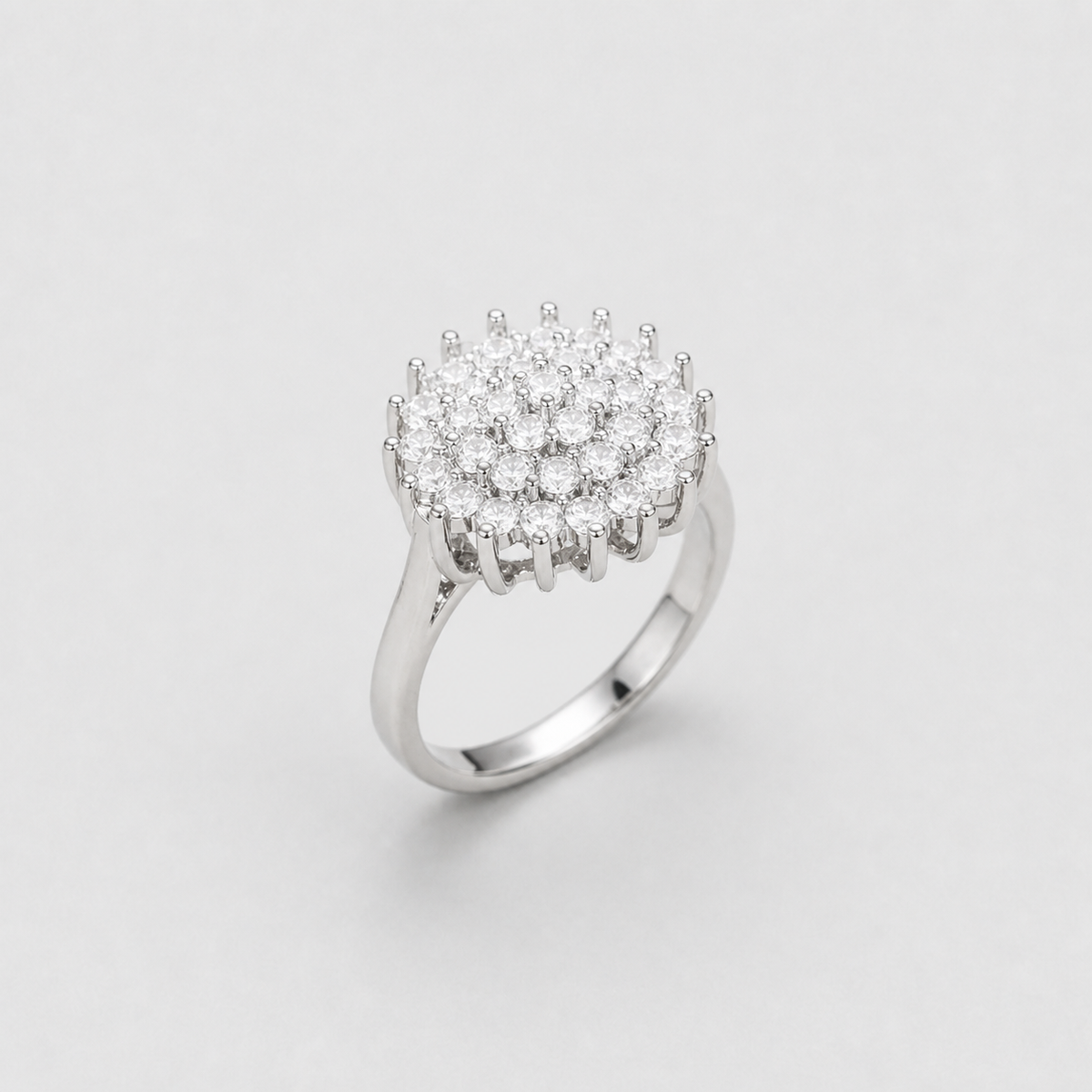Elegant Crystal Cluster Halo Statement Ring – centered light gray studio product photo