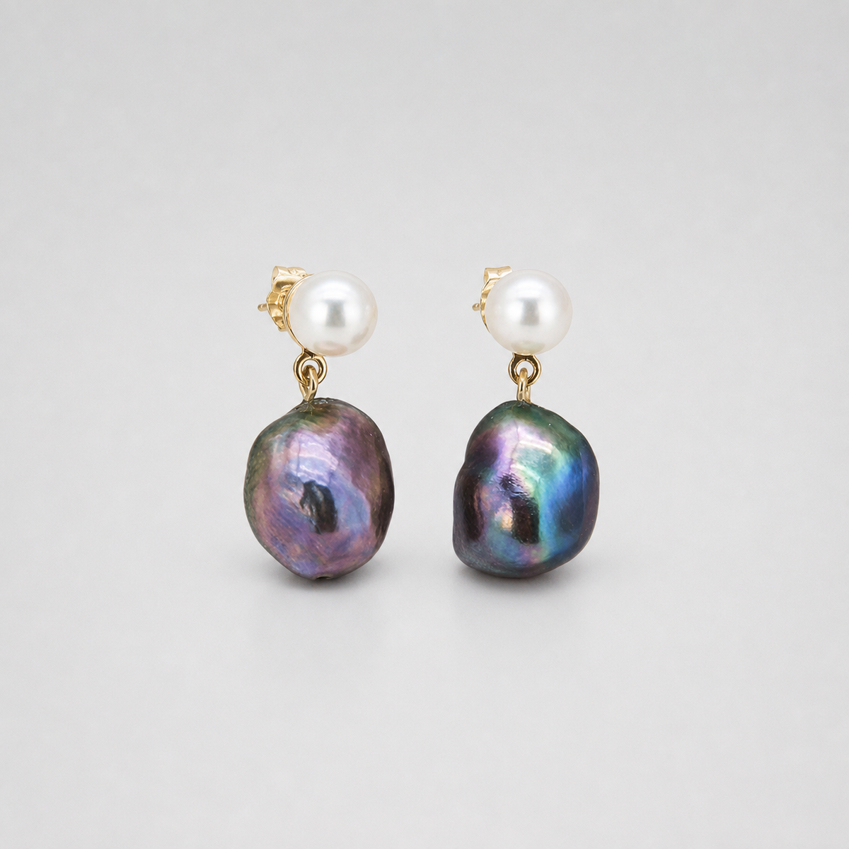 Midnight Baroque Pearl Drop Earrings left and right pair on light gray background