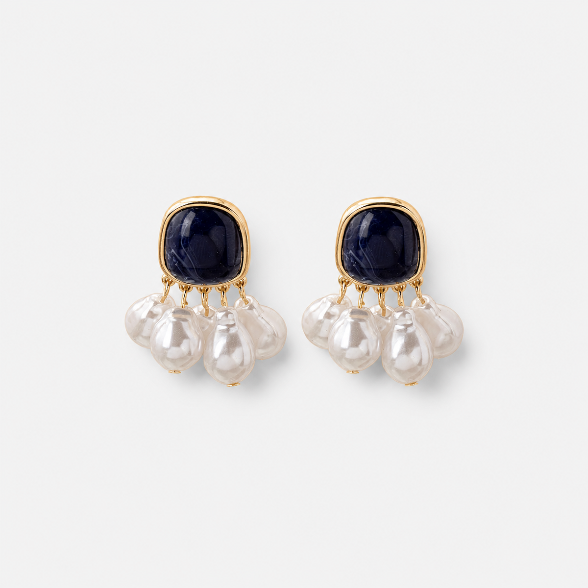 Midnight Pearl Fringe Statement Stud Earrings left and right pair on light gray background