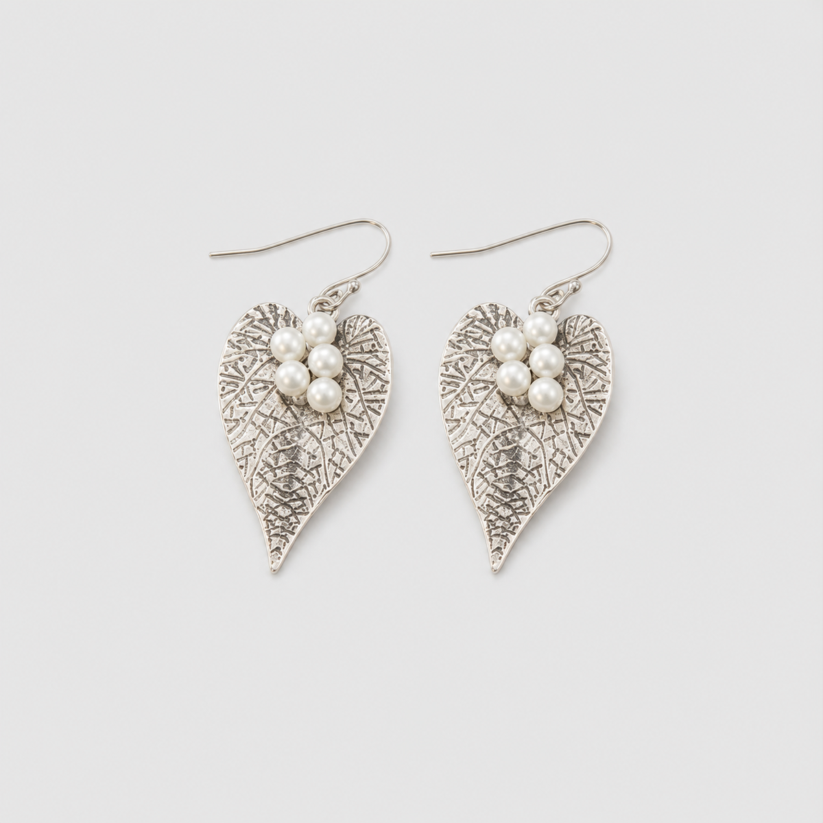 Pearl Cluster Leaf Drop Earrings left and right pair on light gray background