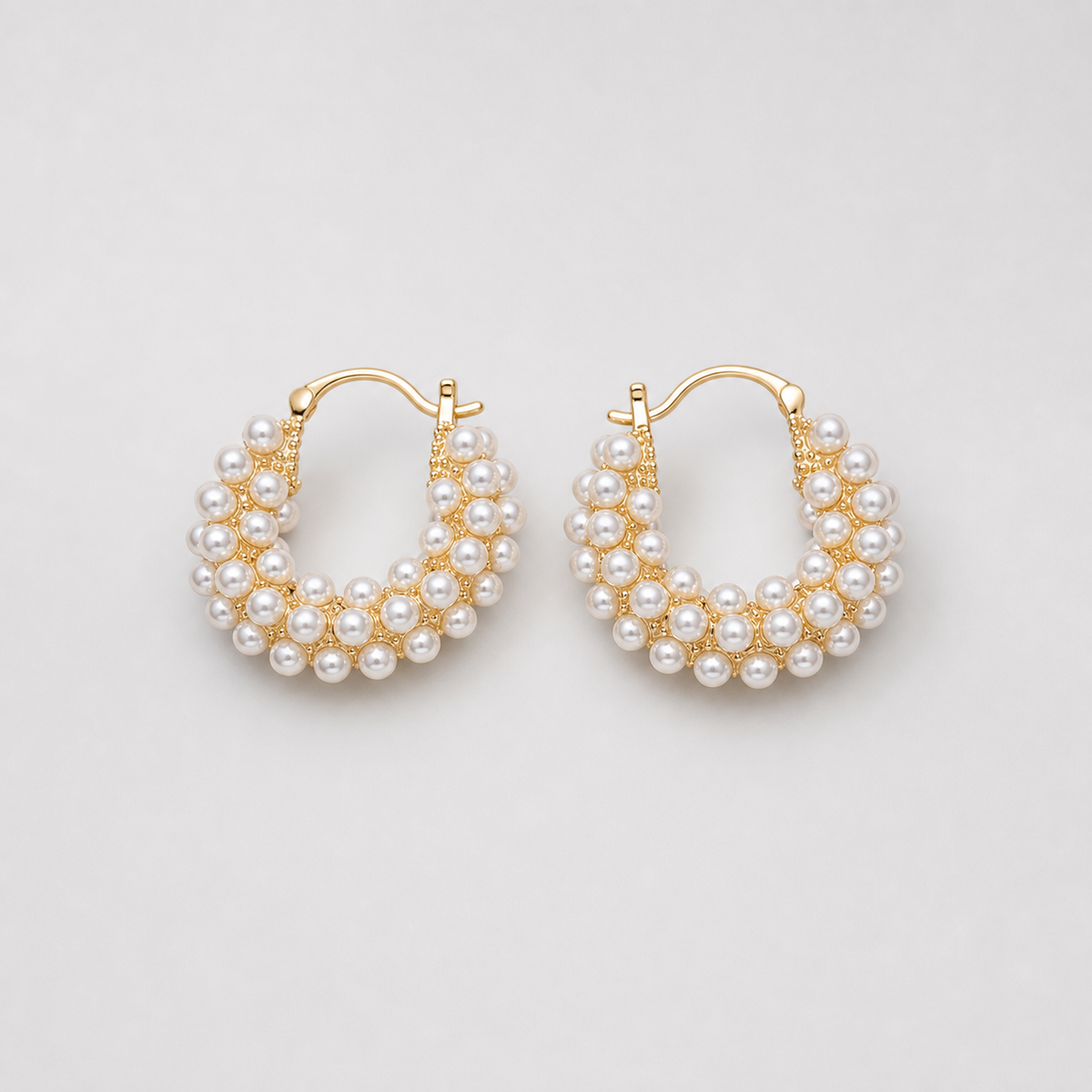 Pearl Bubble Hoop Earrings left and right pair on light gray background