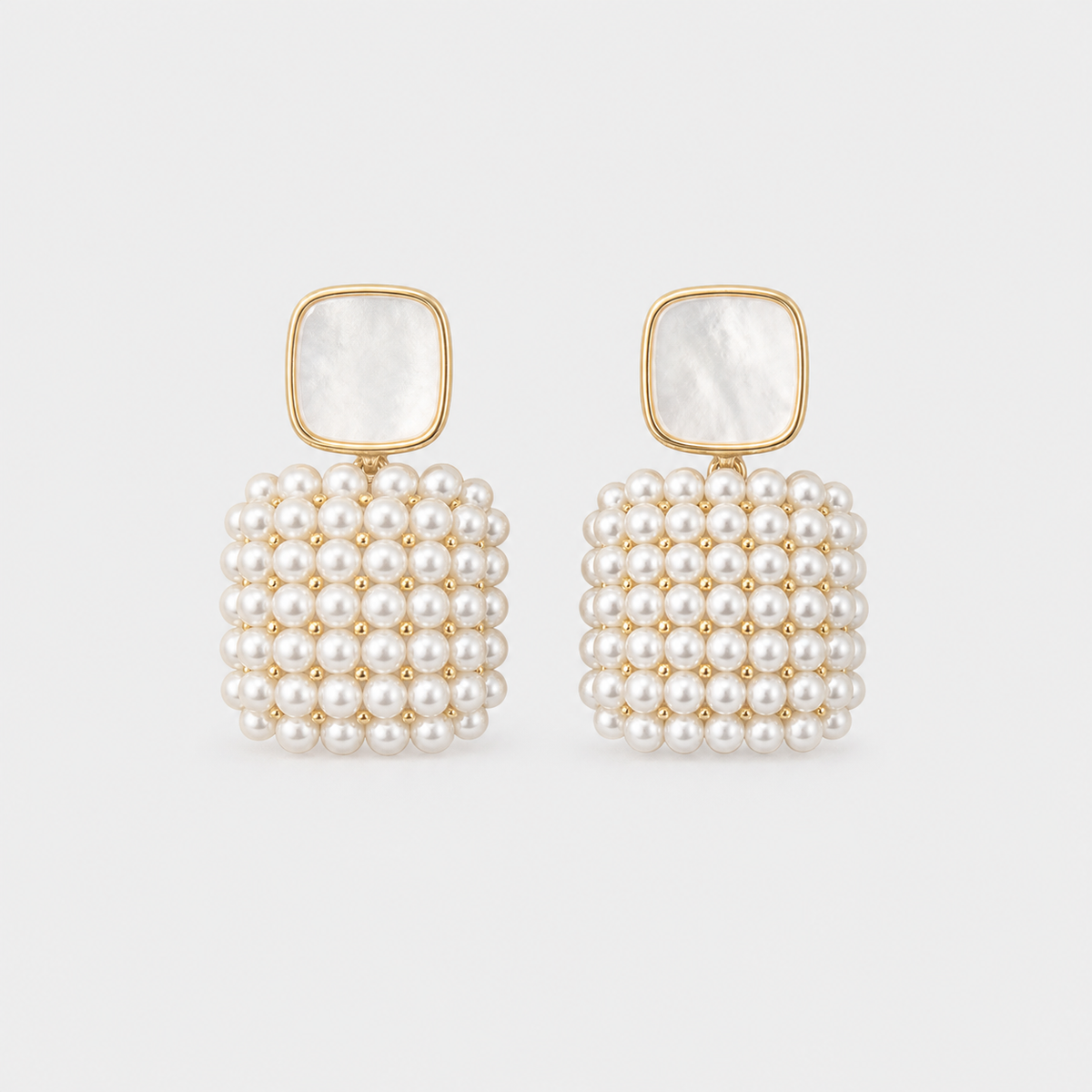 Beaded Pearl Cluster Drops left and right pair on light gray background