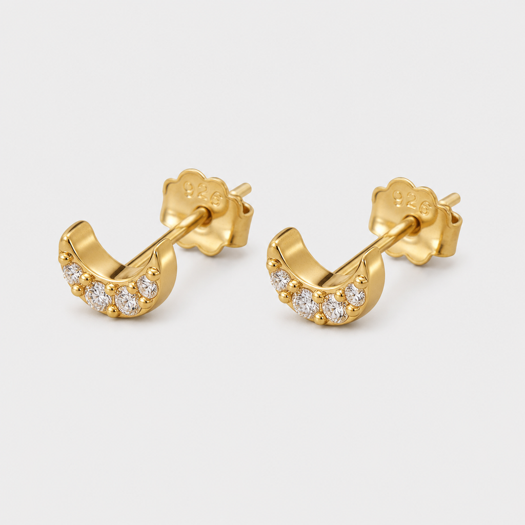 Micro Moon Crystal Stud Earrings left and right pair on light gray background