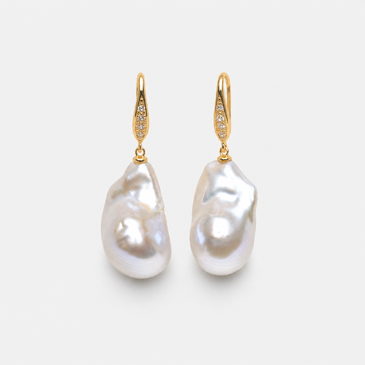 Baroque Pearl Drop Hook Earrings left and right pair on light gray background