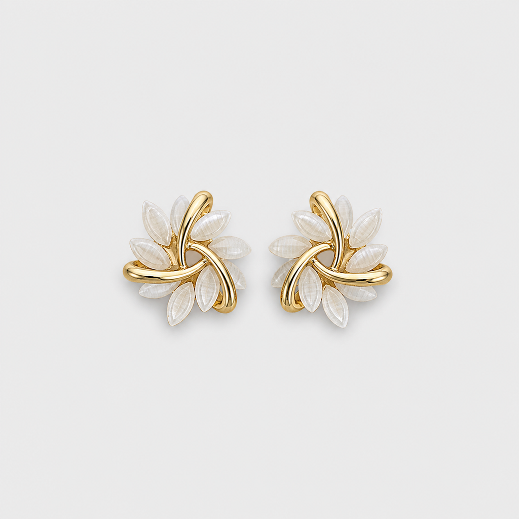White Opal Floral Earrings left and right pair on light gray background
