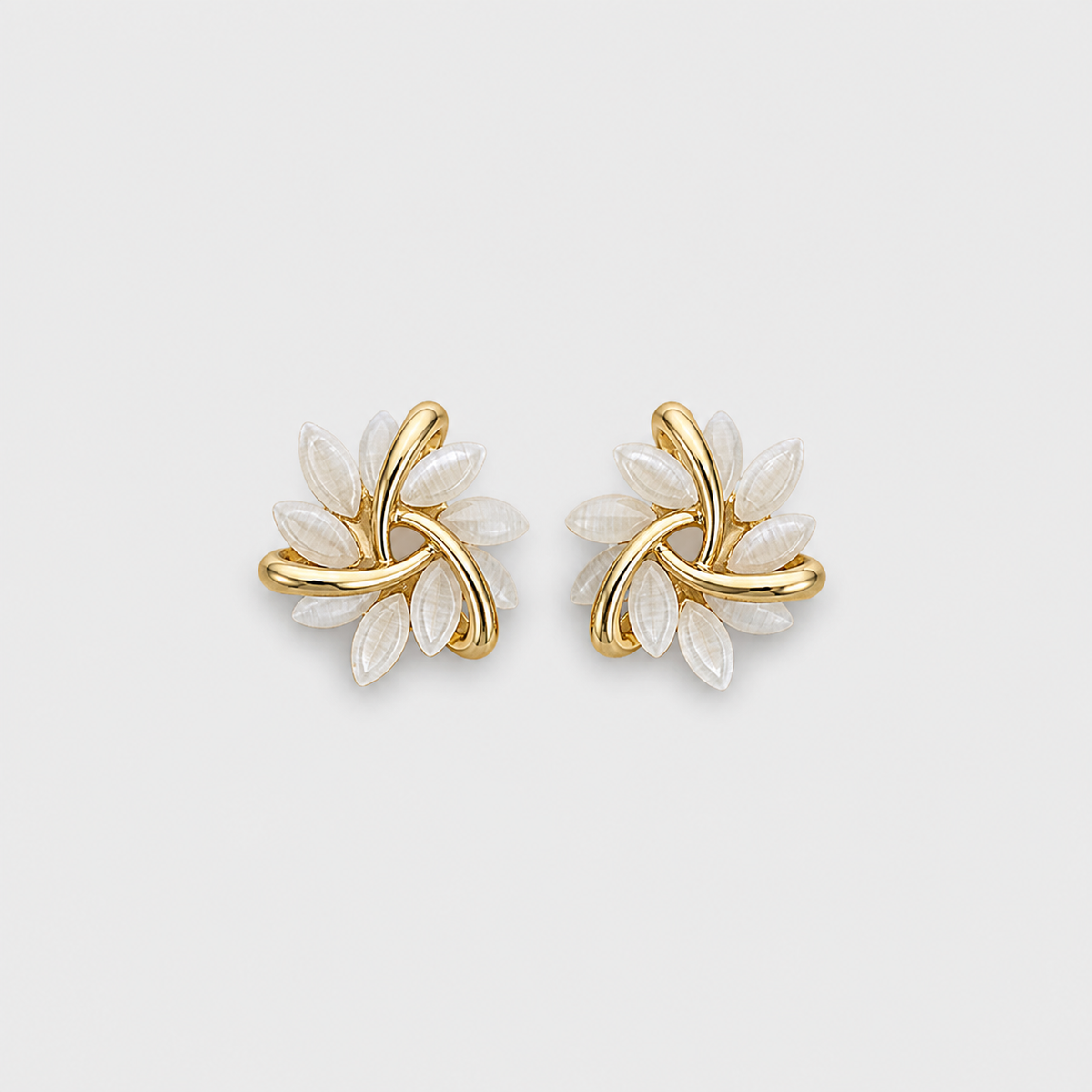 White Opal Floral Earrings left and right pair on light gray background