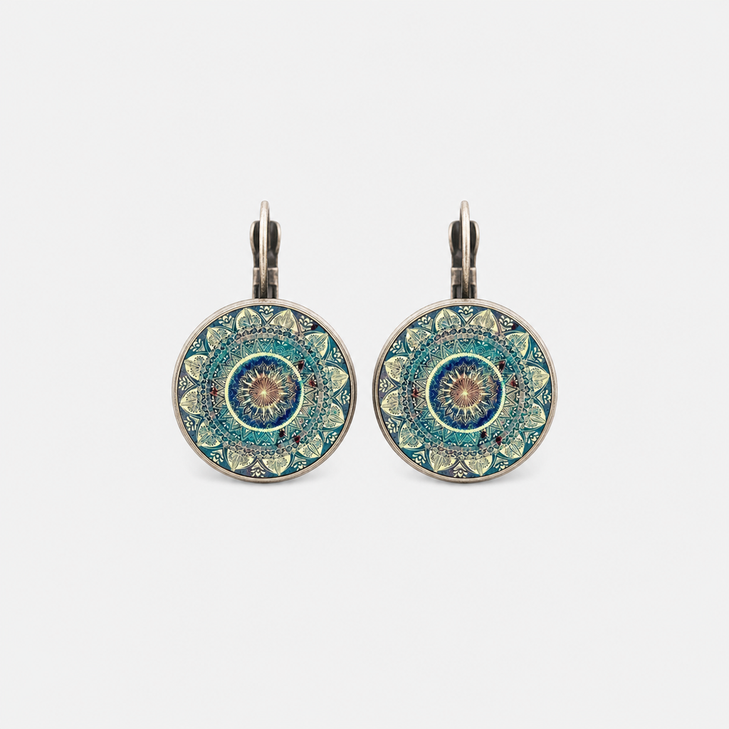 Mandala Time Gemstone Earrings left and right pair on light gray background