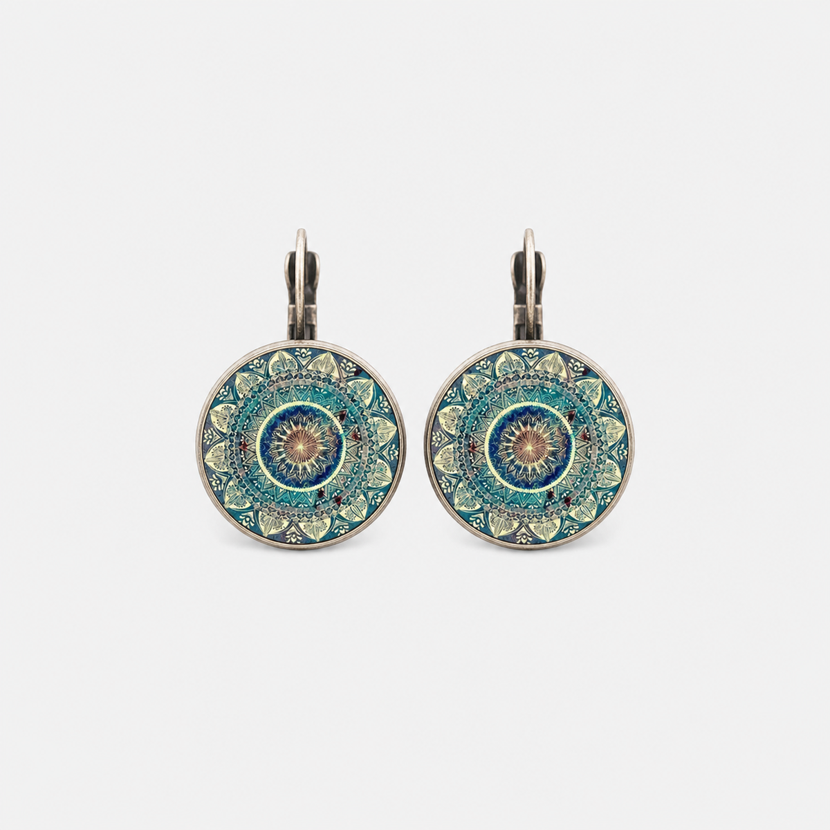 Mandala Time Gemstone Earrings left and right pair on light gray background