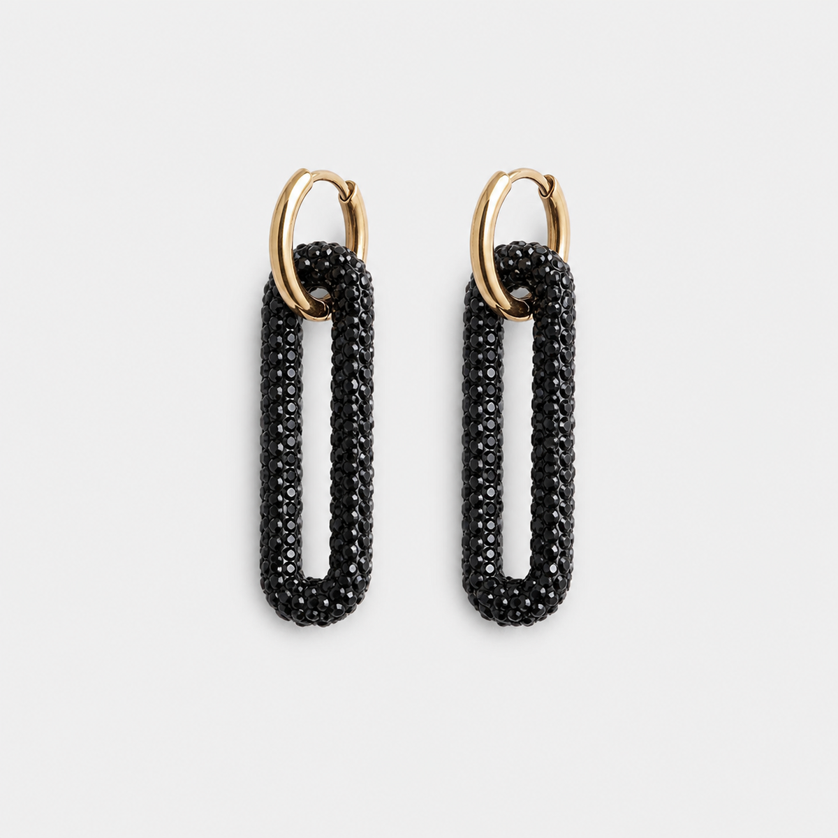 Pave Rectangle Link Hoop Earrings left and right pair on light gray background