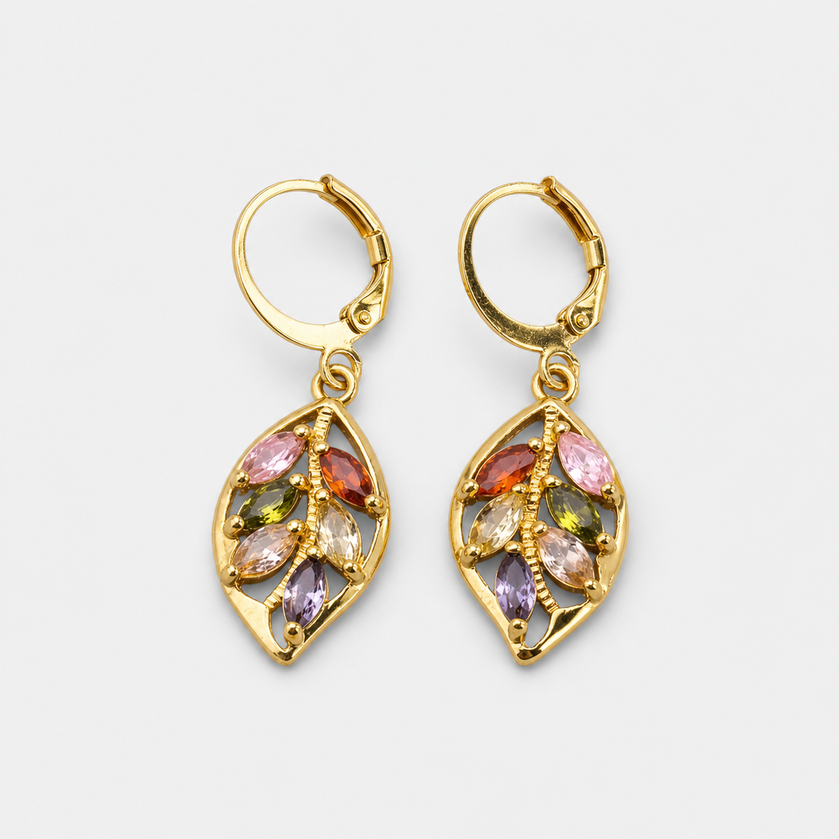 Vintage Gold Leaf Colorful Earrings left and right pair on light gray background