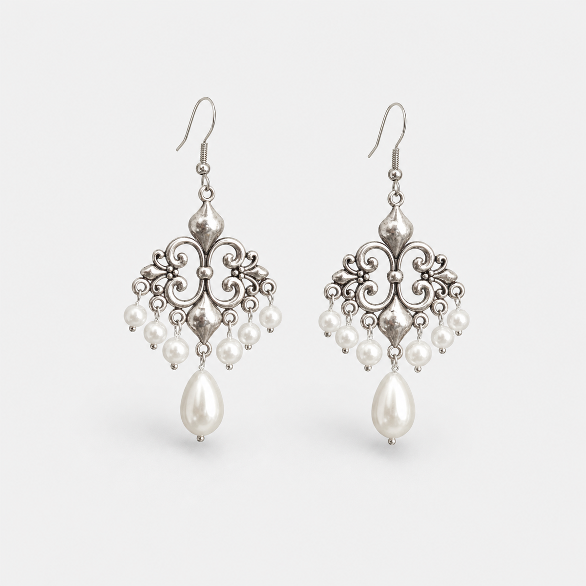 Pearl Chandelier Filigree Drop Earrings left and right pair on light gray background
