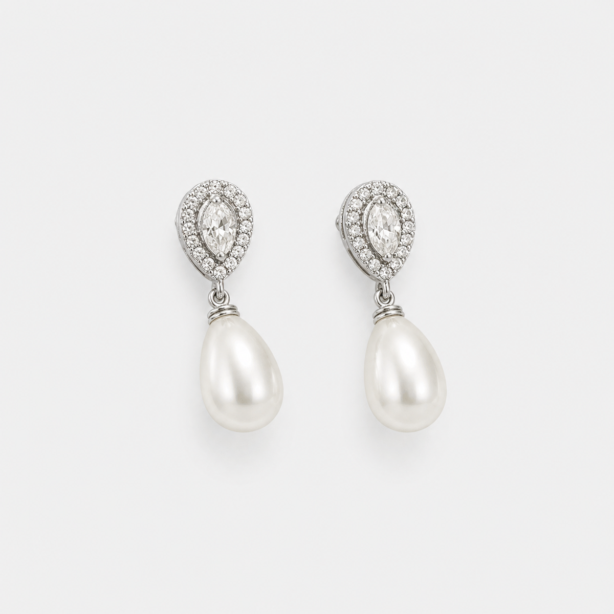 Teardrop Pearl Drop Earrings left and right pair on light gray background