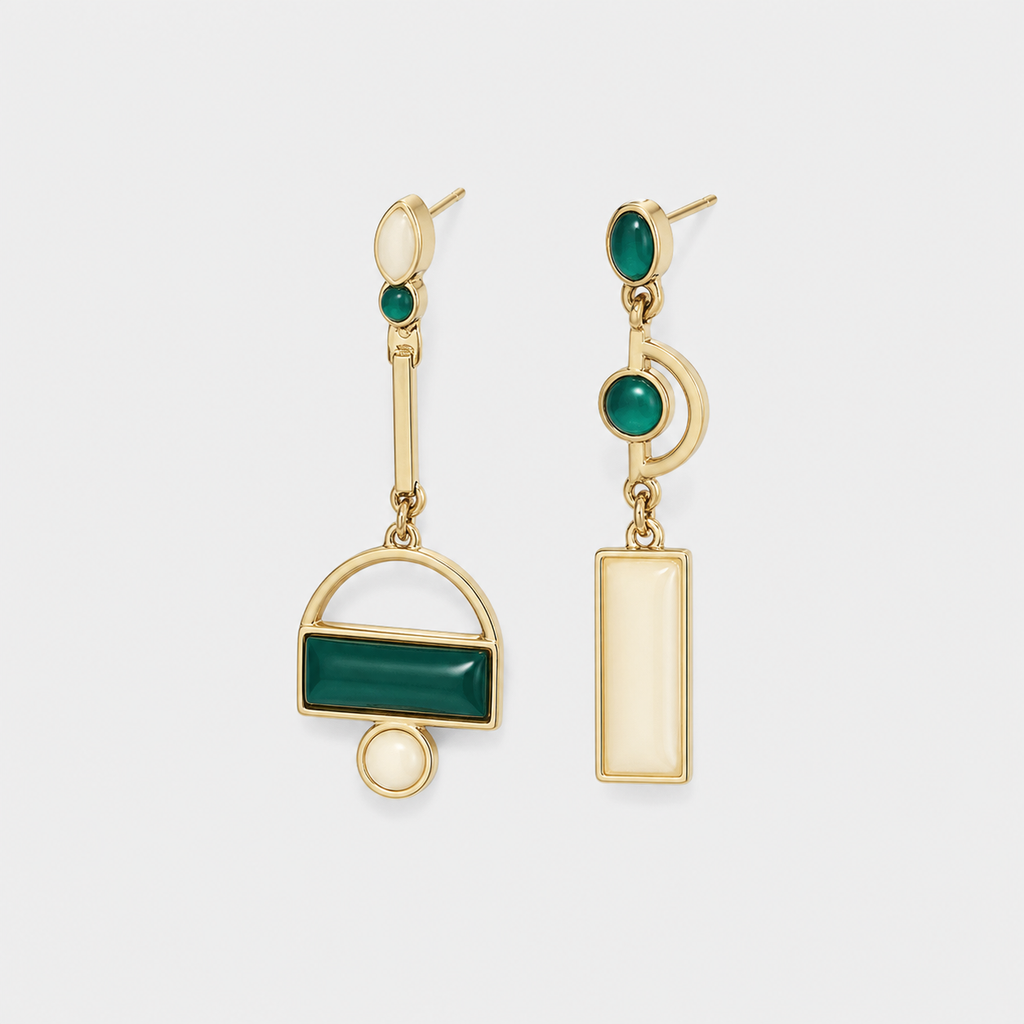 Emerald Geometry Statement Earrings left and right pair on light gray background