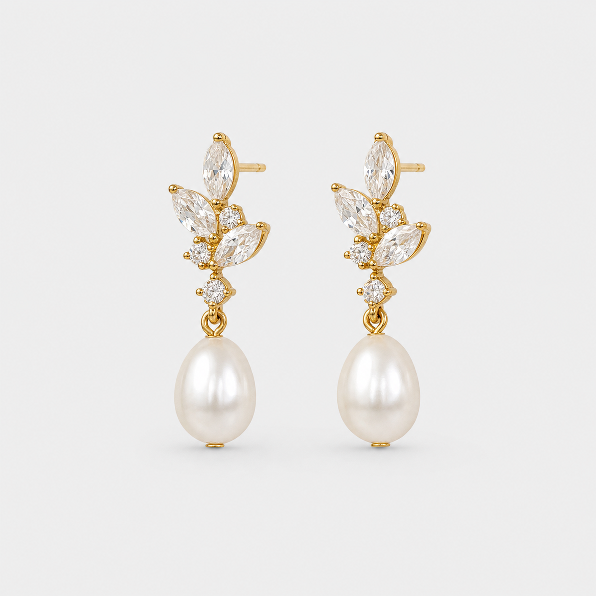 Pearl Leaf Cluster Drop Earrings left and right pair on light gray background