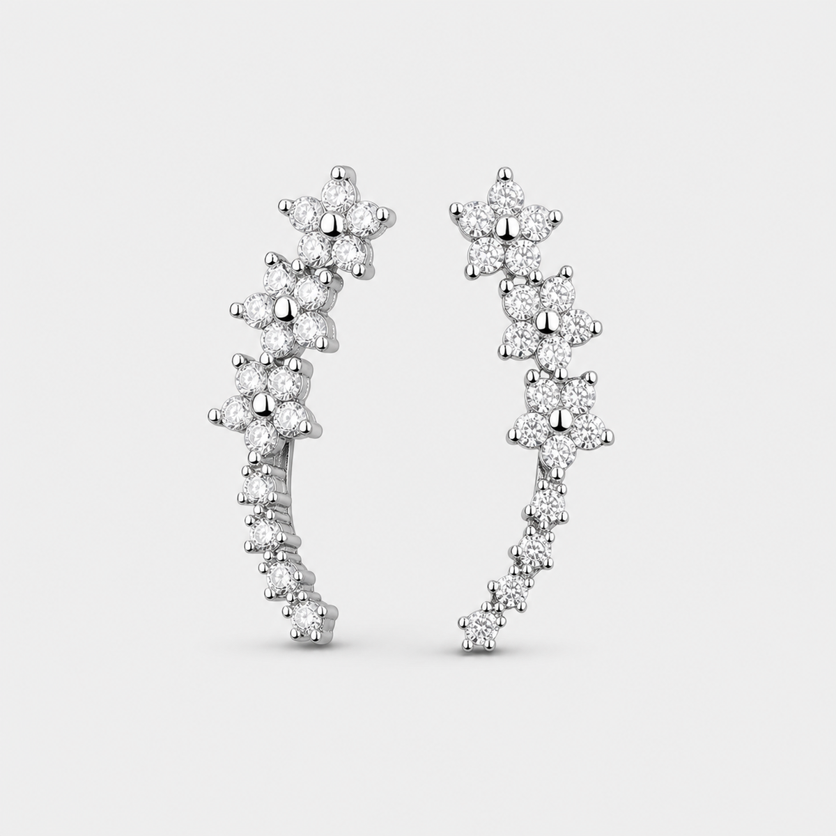 Sparkling Flower Drop Statement Earrings left and right pair on light gray background