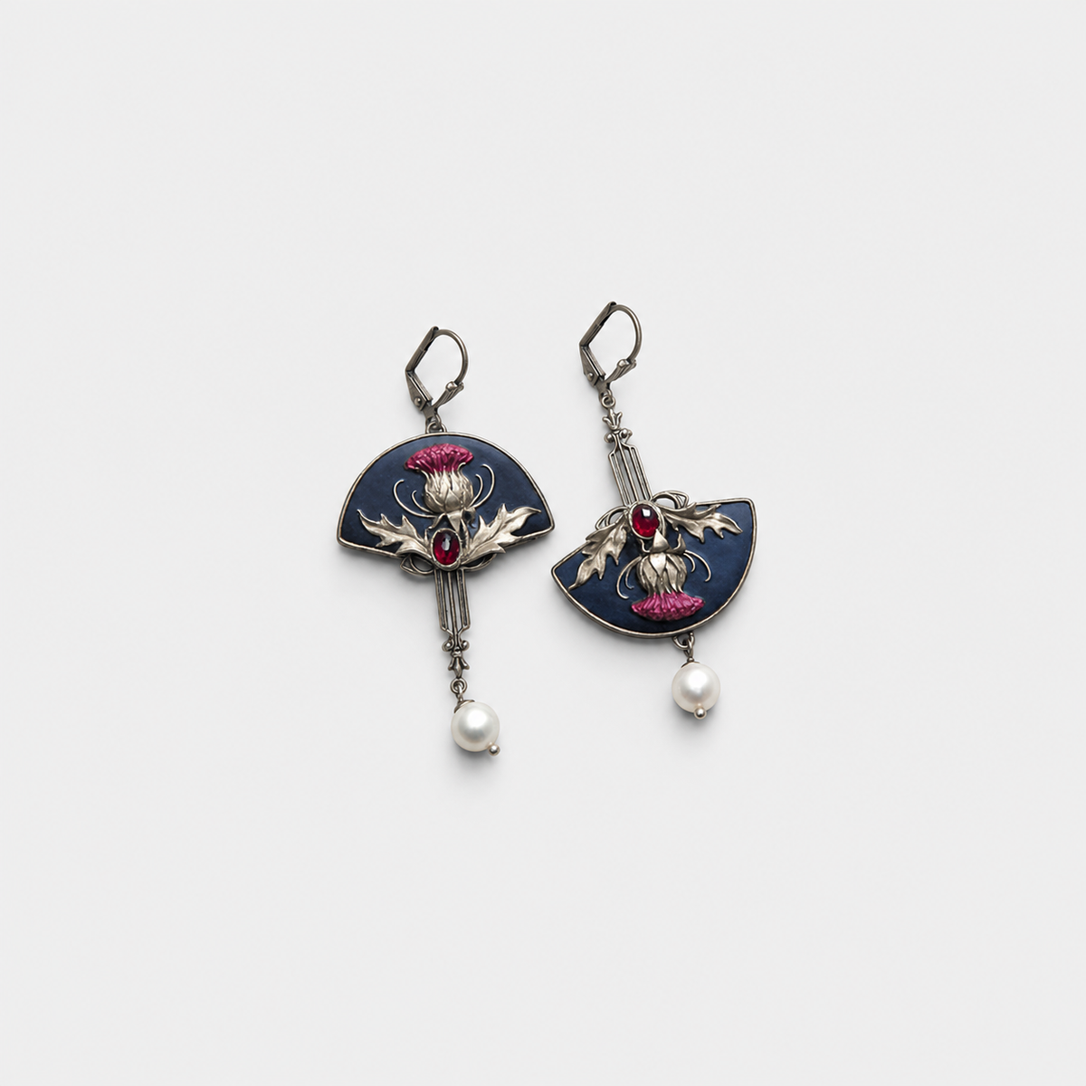 Retro Earrings with Red Crystal and Pearls left and right pair on light gray background