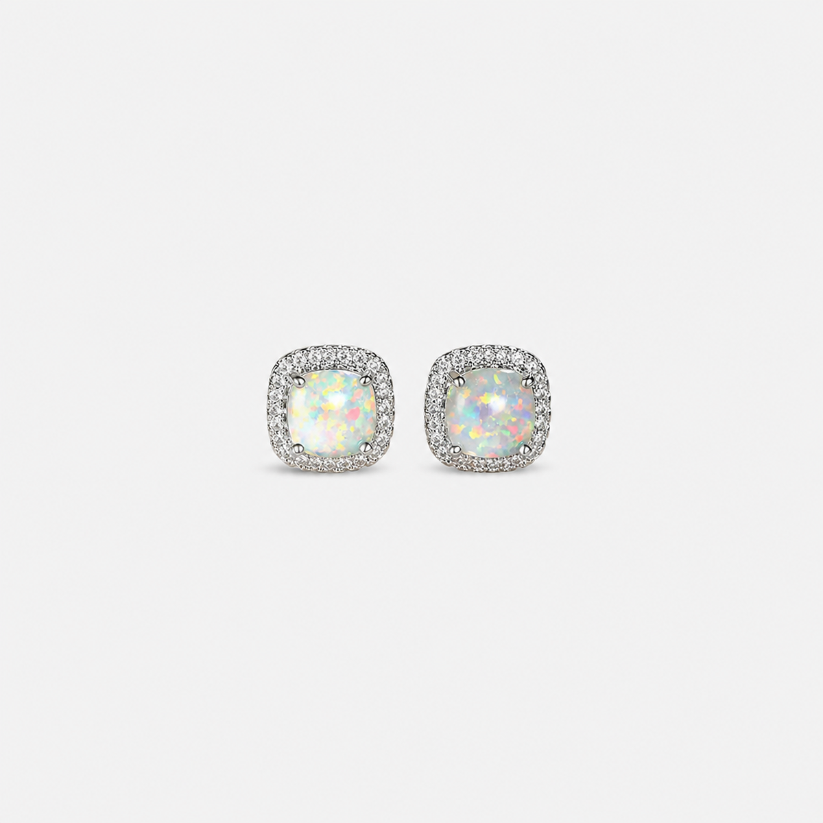 Elegant Silver Round White Fire Opal Stud Earrings left and right pair on light gray background