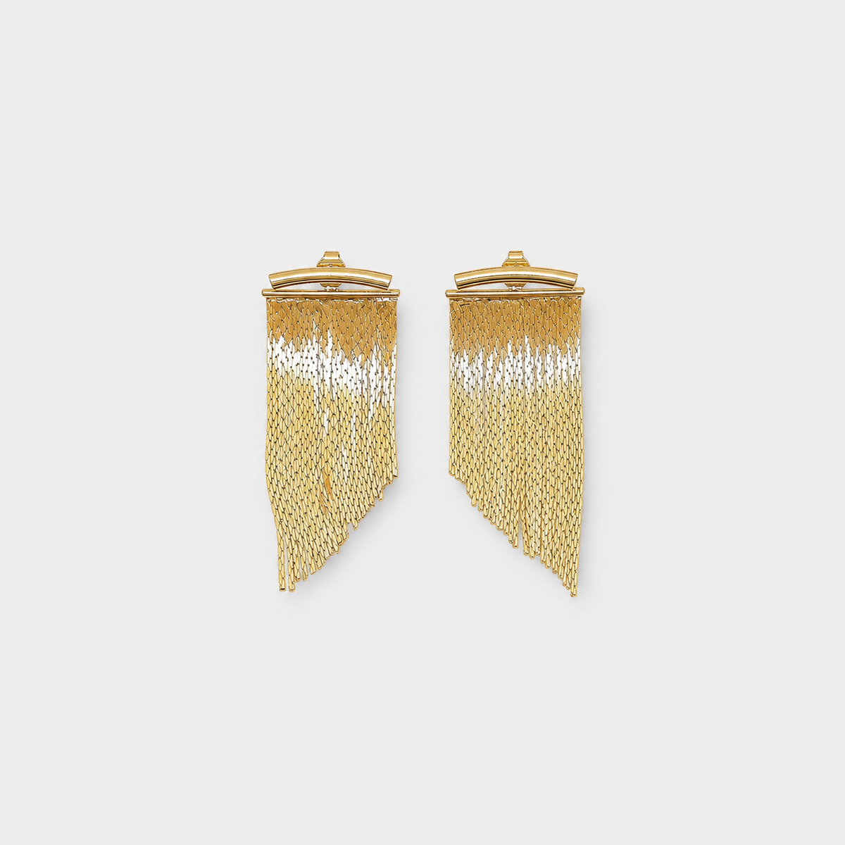 Vintage Golden Curtain Earrings left and right pair on light gray background