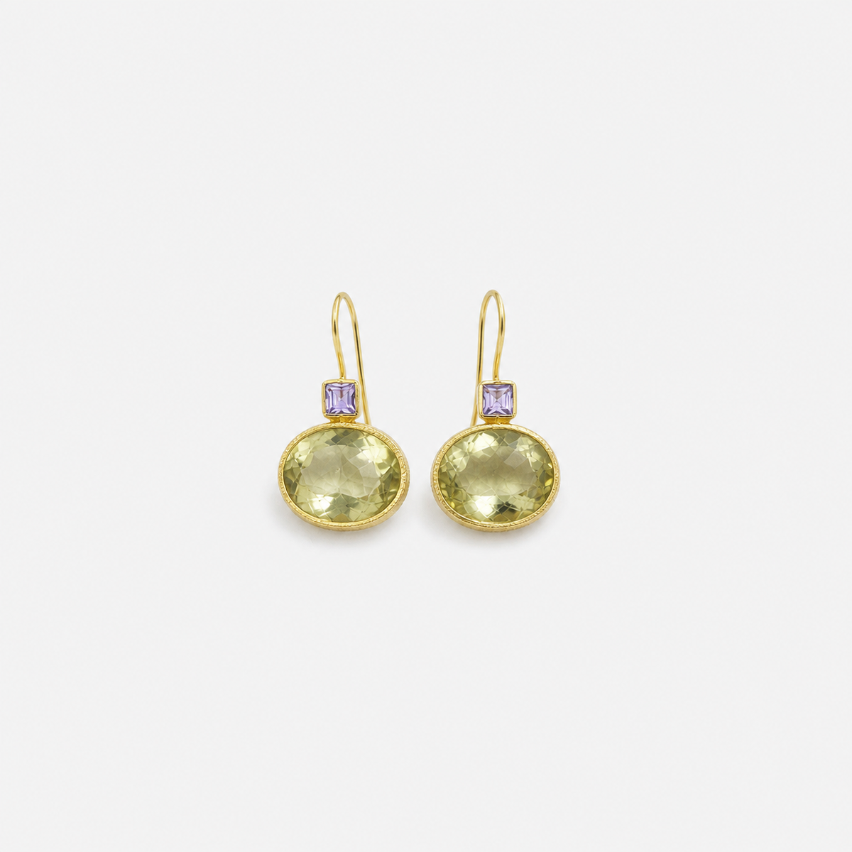 Vintage Green and Gold Crystal Earrings left and right pair on light gray background