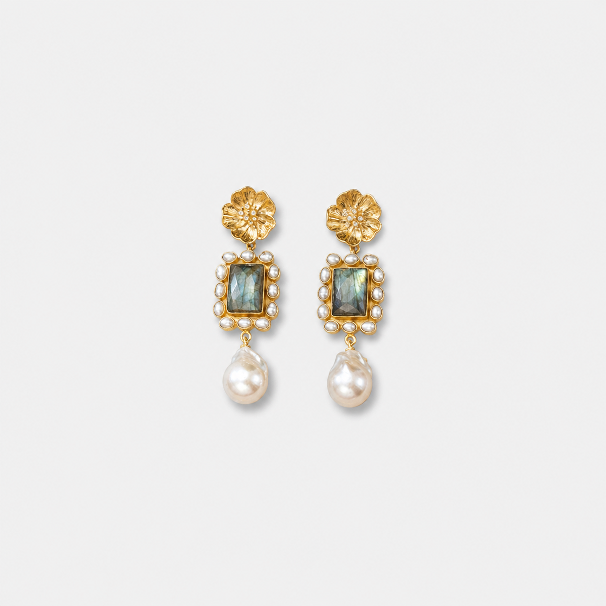 Floral Halo Pearl Drop Statement Earrings — left and right pair on light gray background
