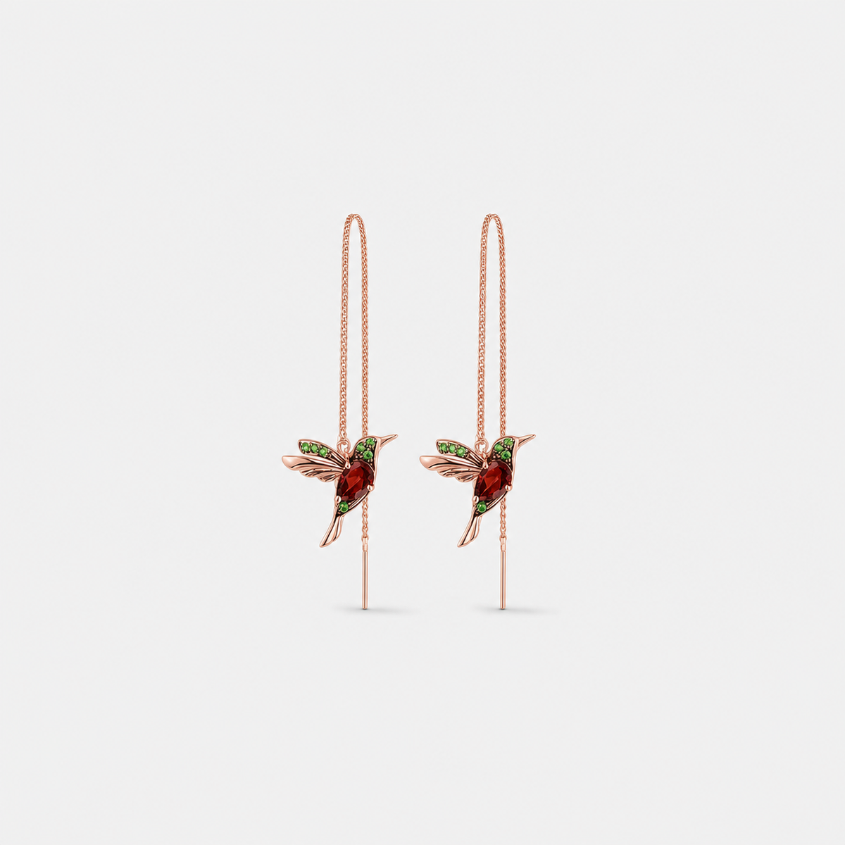 Hummingbird Gem Threader Earrings — left and right pair on light gray background
