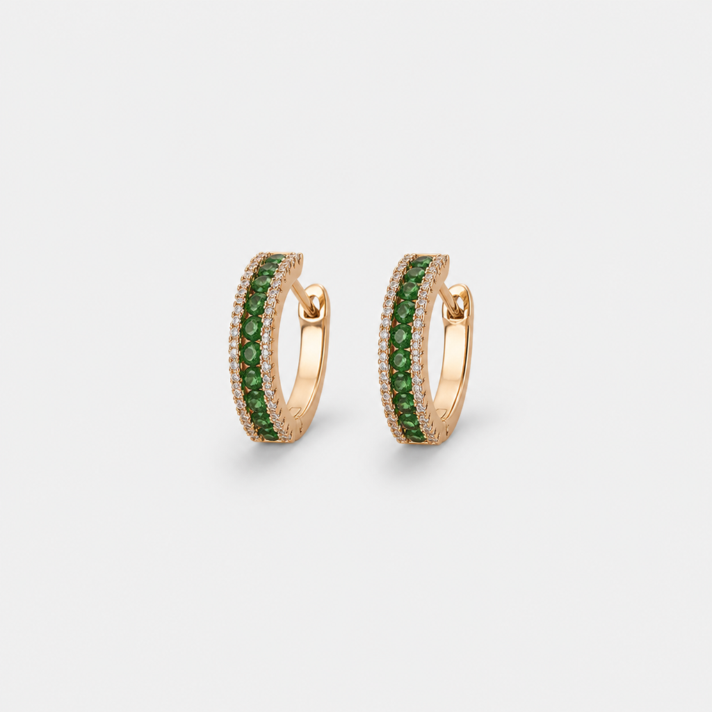 Elegant Emerald Glow Earrings — left and right pair on light gray background