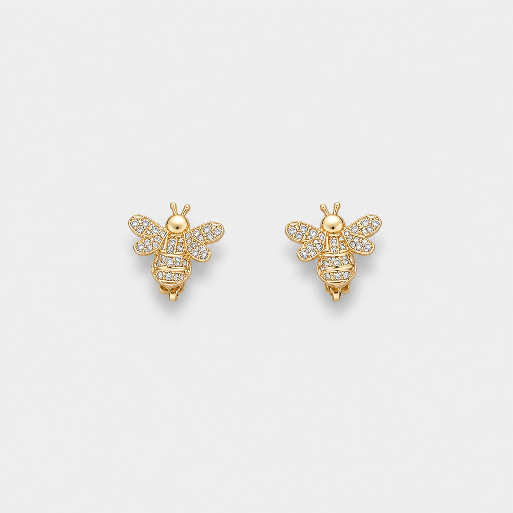 Gold One Piece Bee Earrings — left and right pair on light gray background