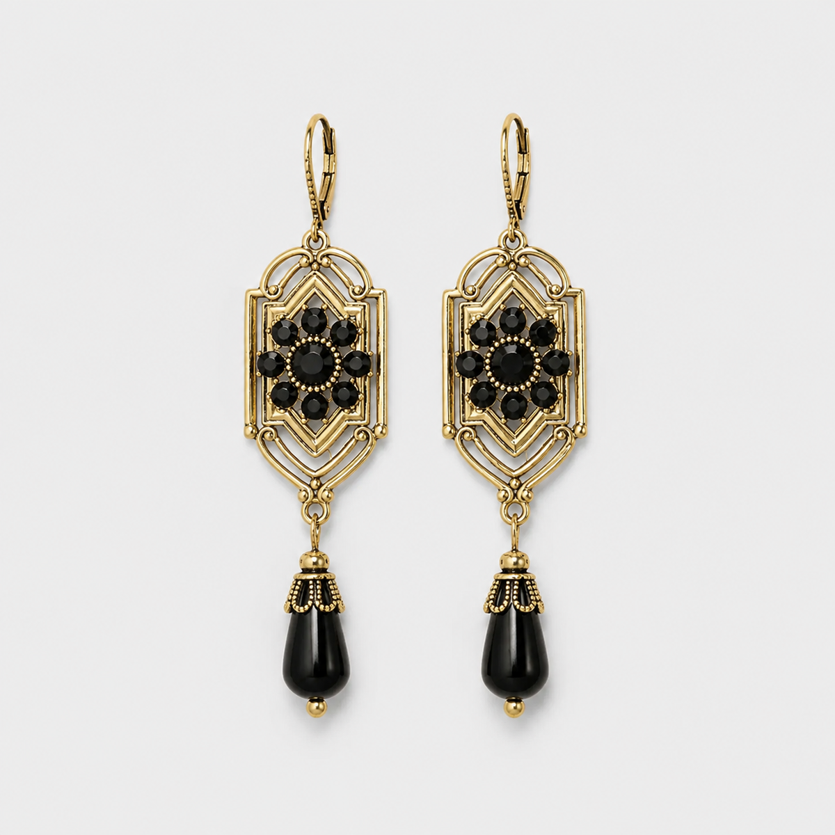 Black Crystal Drop Earrings – pair on light gray background