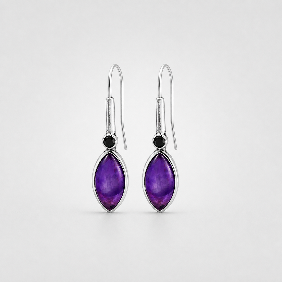 Classic Silver Marquise Drop Earrings pair on light gray background