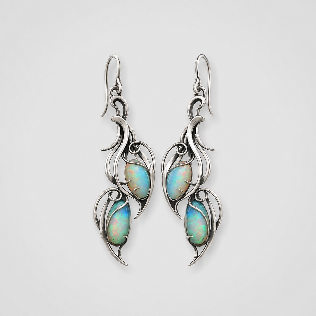Vintage Silver Opal Vine Earrings pair on light gray background