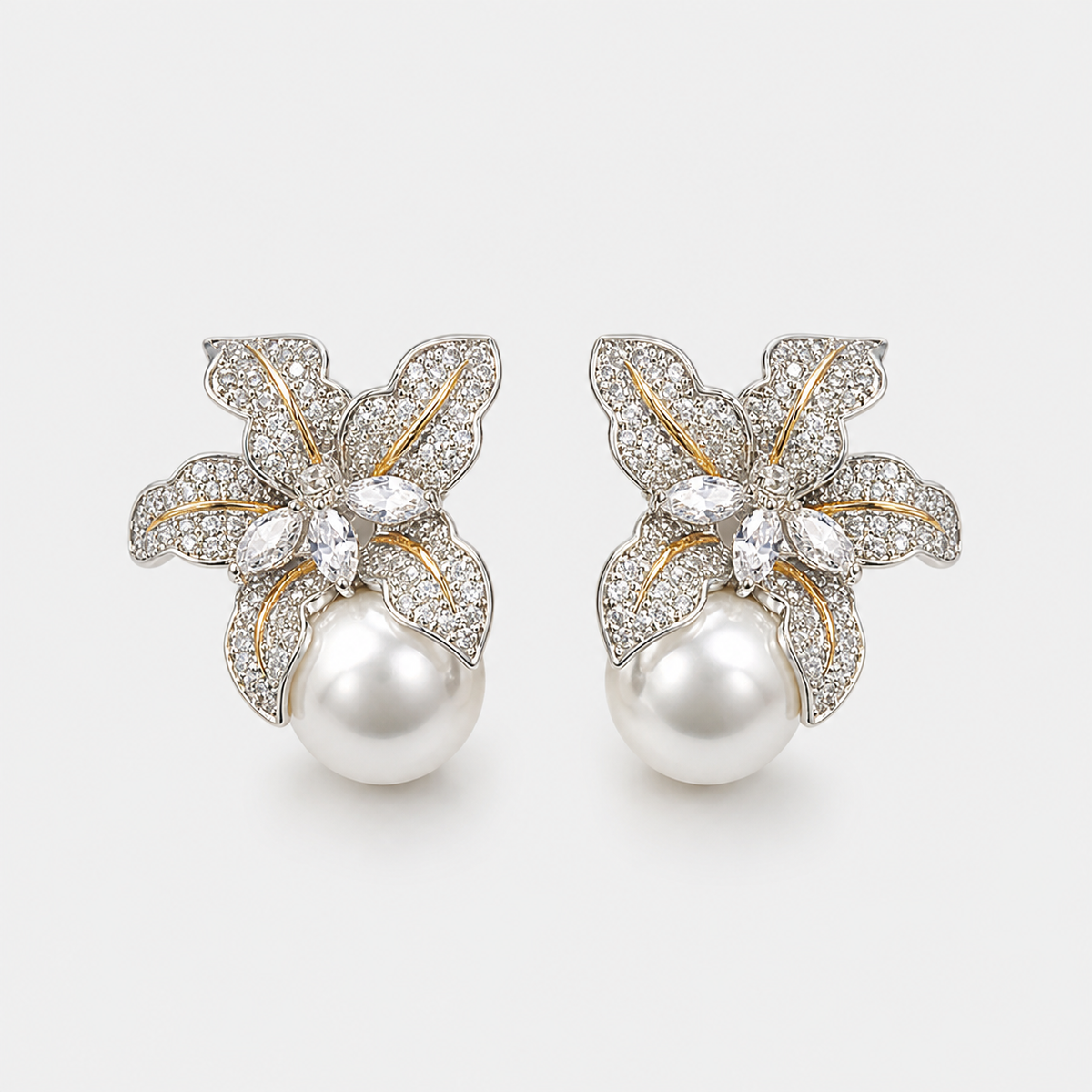 Exquisite Flower Pearl Earrings – pair on light gray background