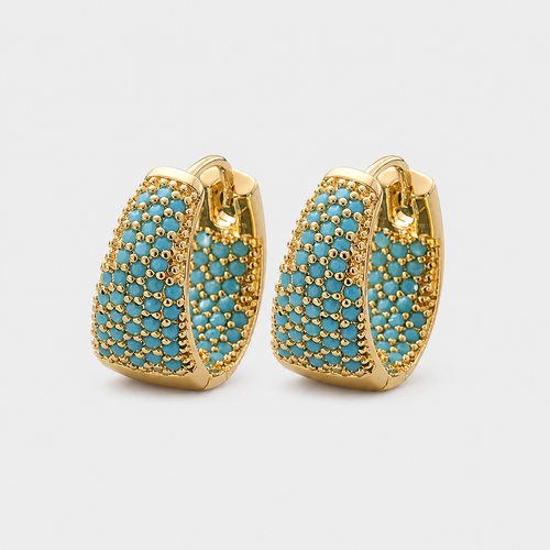 Adorned Turquoise Golden Floral Hoop Earrings – pair on light gray background