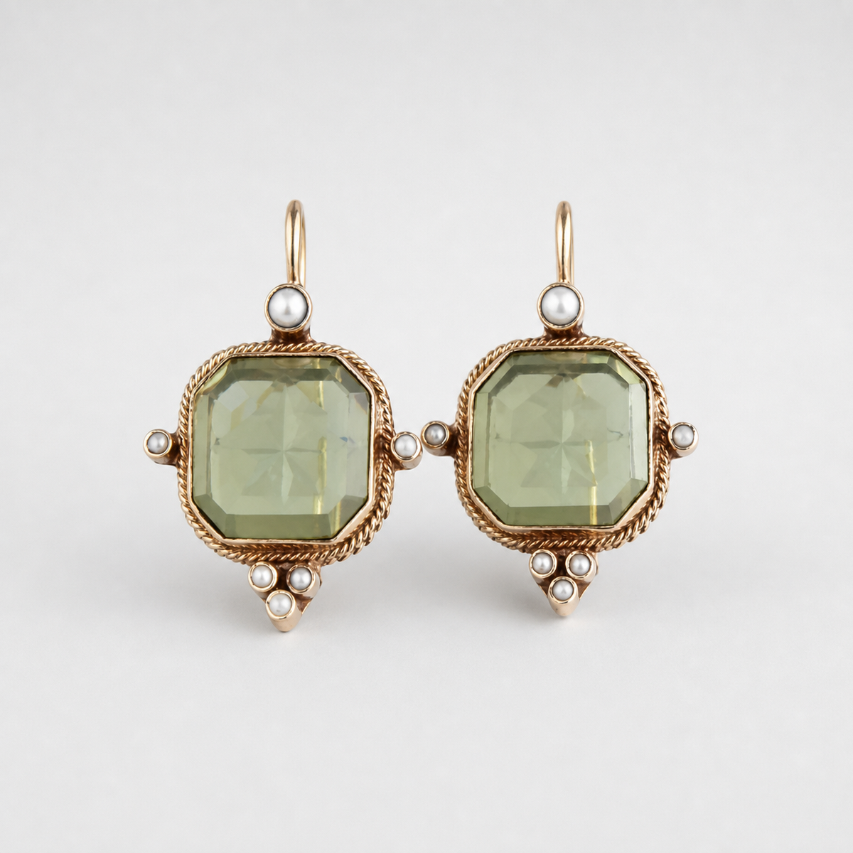 Elegant Vintage Geometric Pearl Pendant Drop Earrings left and right pair on light gray background