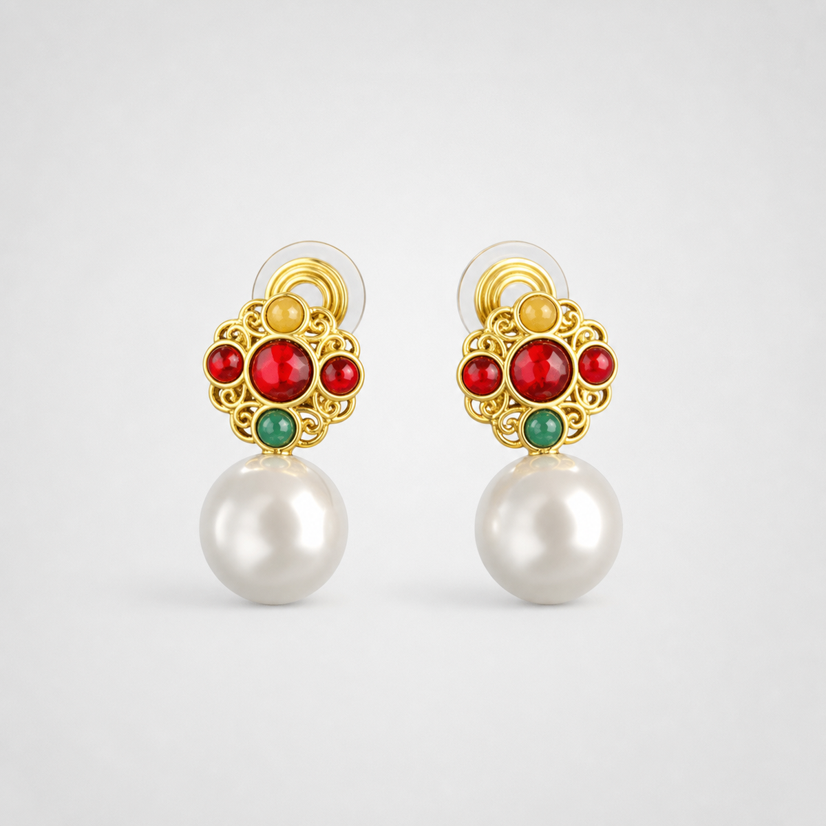 Geometric Red Color Stone Pearls Earrings left and right pair on light gray background