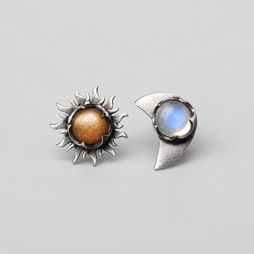 Elegant Sun Moon Earrings left and right pair on light gray background