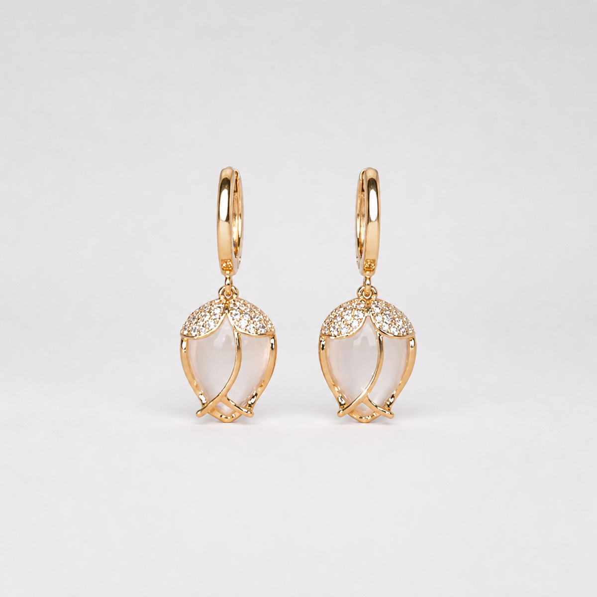 Vintage White Tulip Zirconia Earrings left and right pair on light gray background