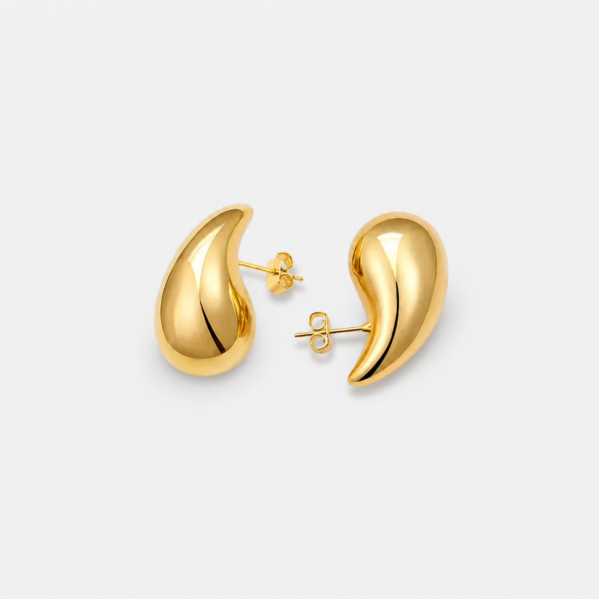 Lustrous Teardrop Stud Earrings left and right pair on light gray background