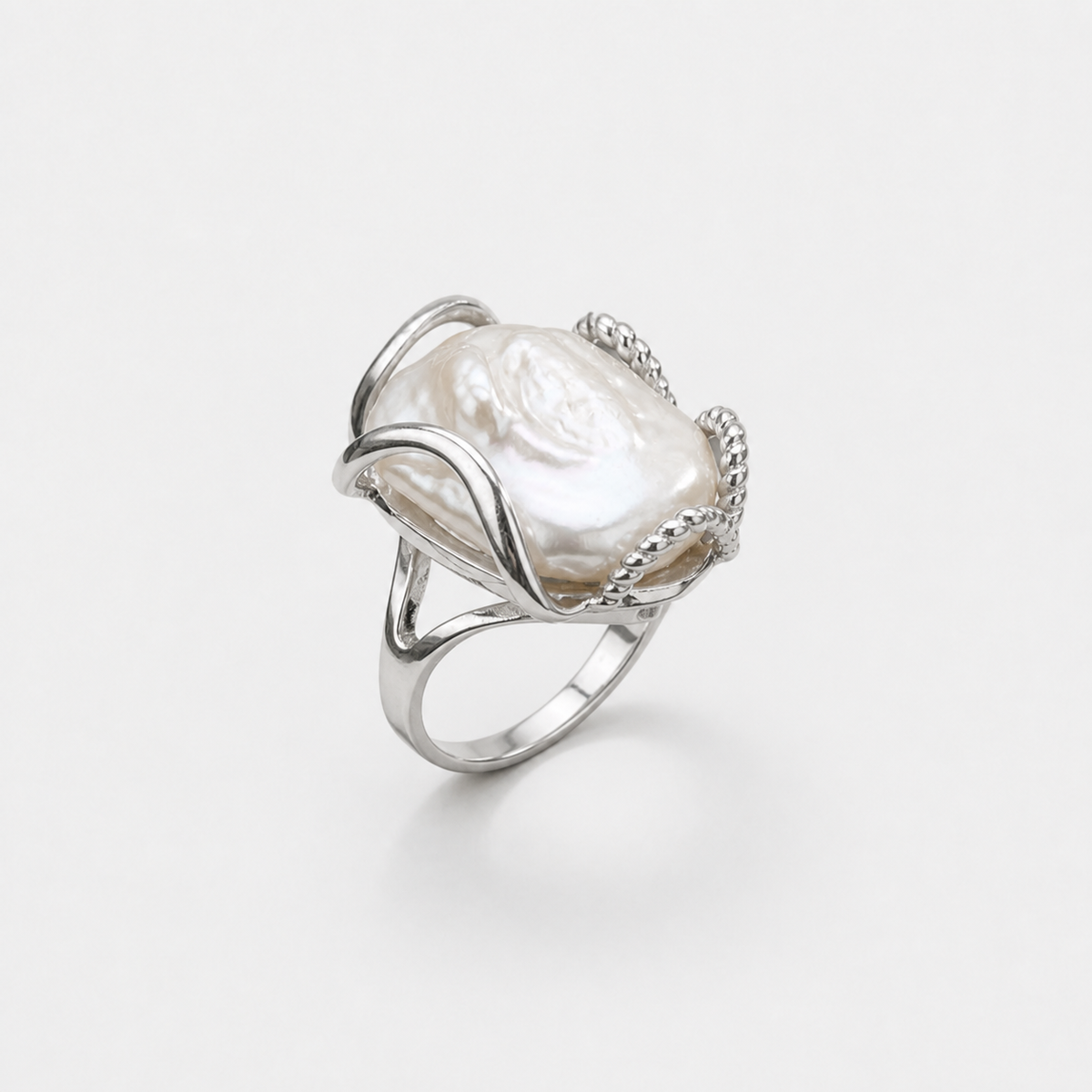 Moonlit Baroque Pearl Halo Ring – centered studio product photo