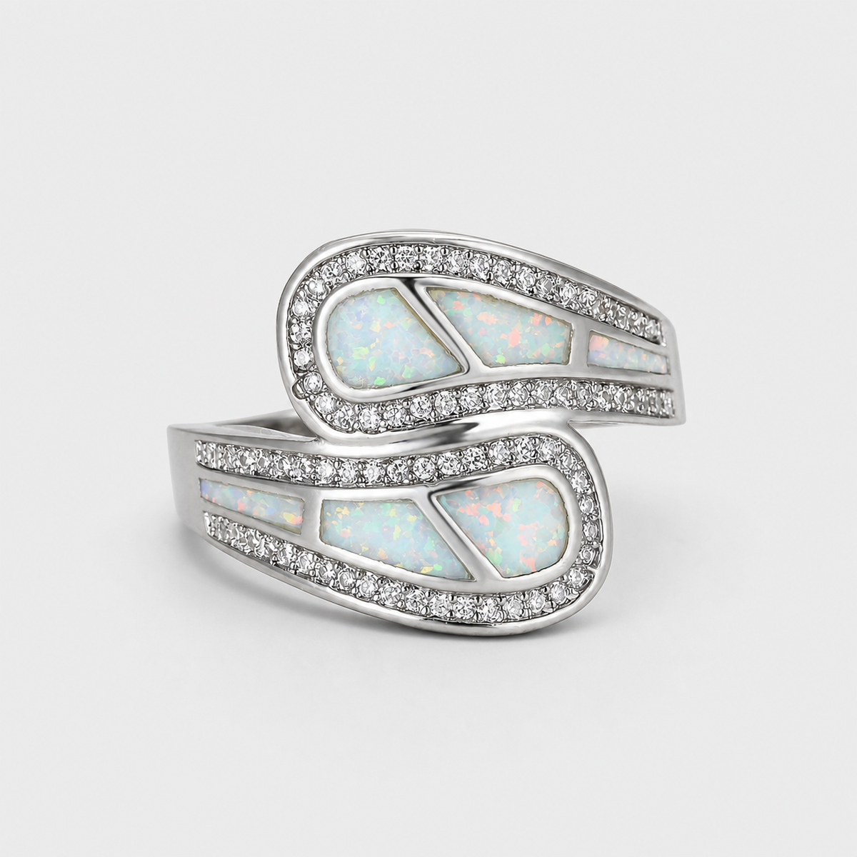 Inlaid Opal Stone Zirconia Ring on light gray studio background