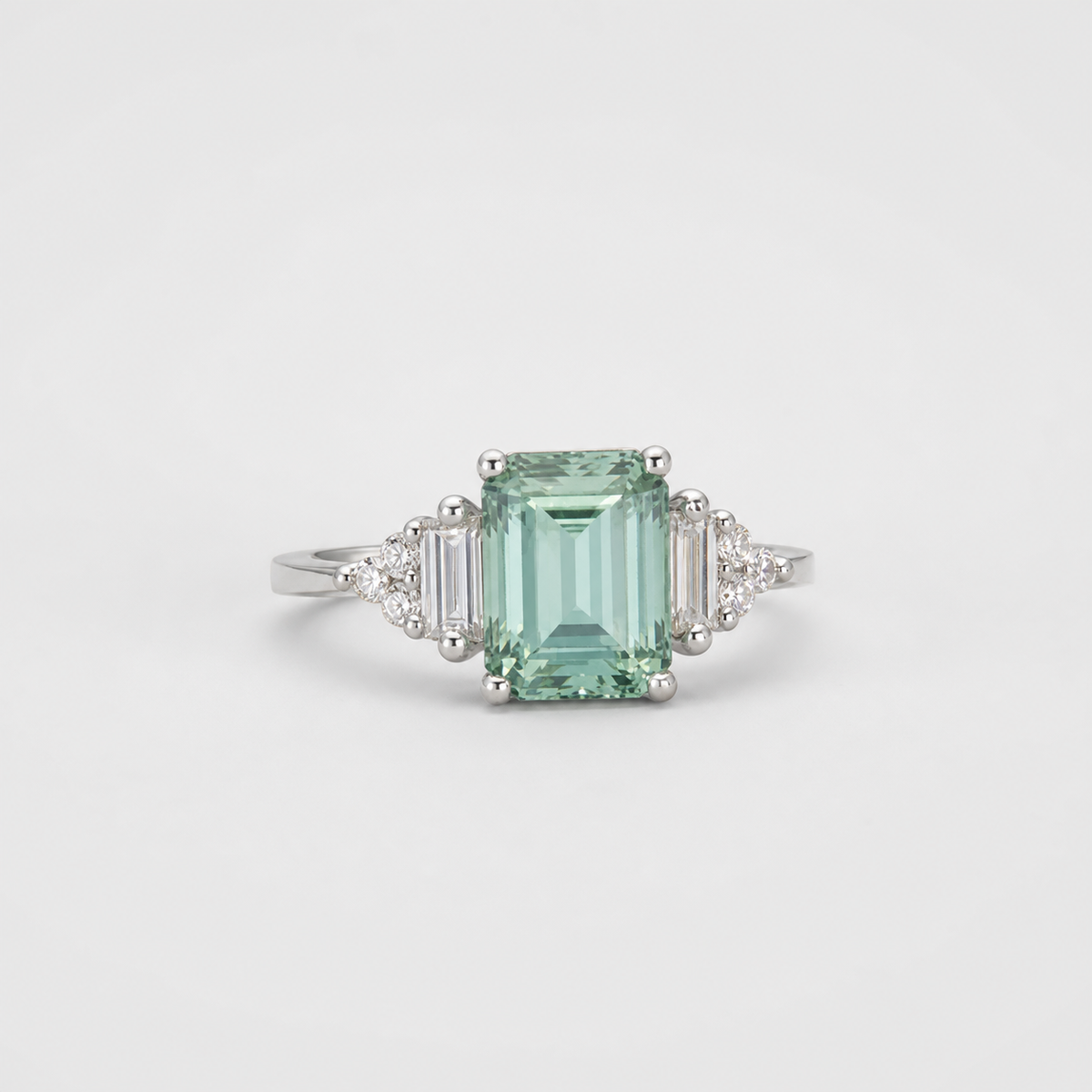 Emerald Cut Crystal Accent Ring on light gray studio background