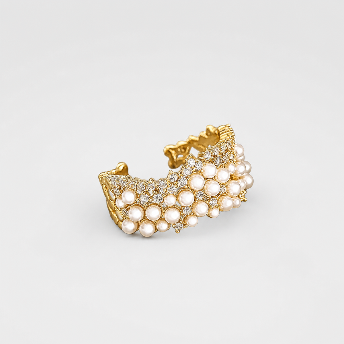 Vintage Adjustable Pearl Zirconia Ring on light gray background