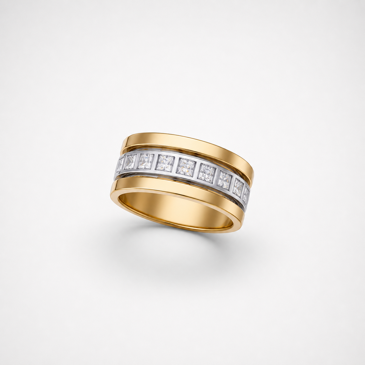 Two Tone Gold Cubic Zirconia Ring on light gray background