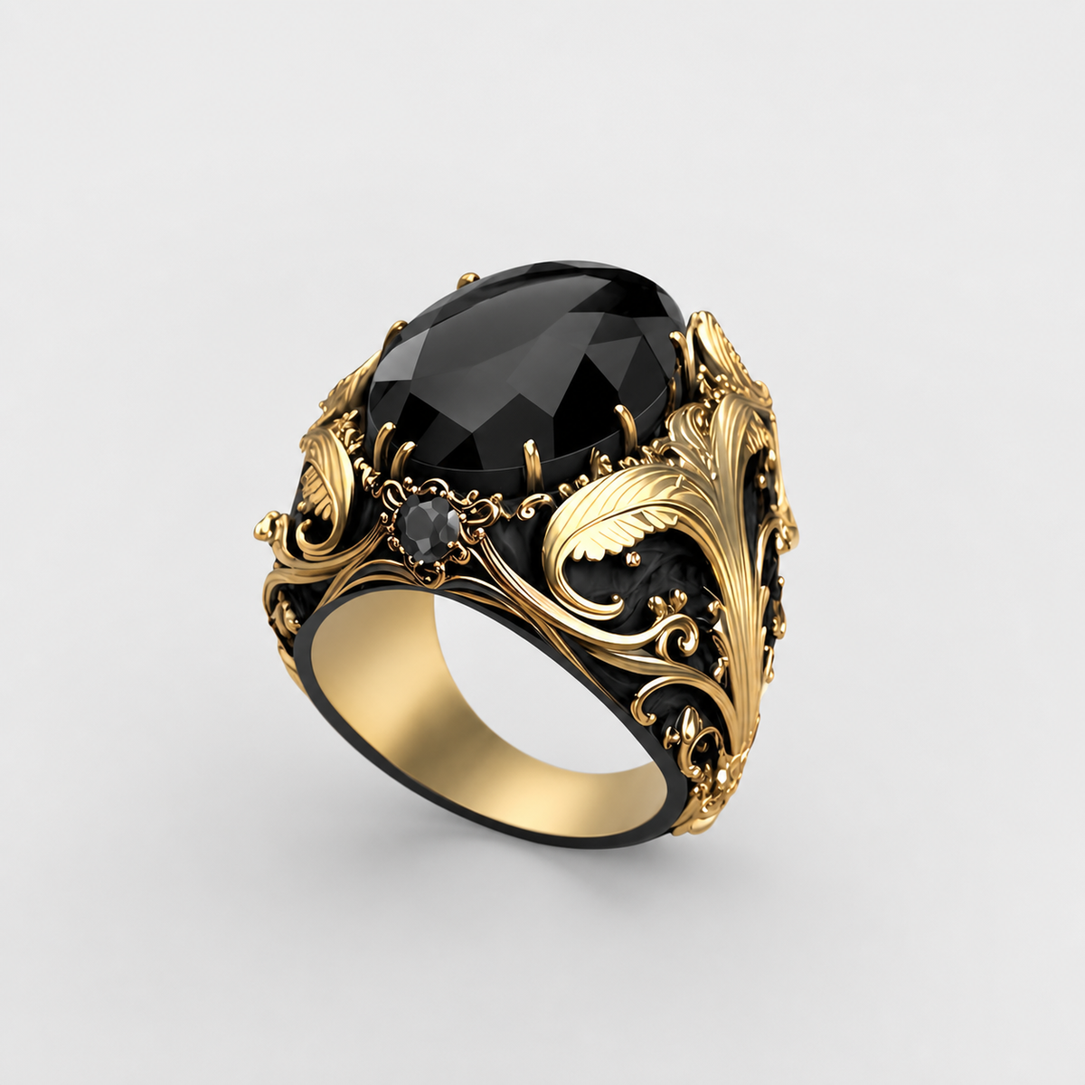 Midnight Baroque Onyx Statement Ring on light gray background