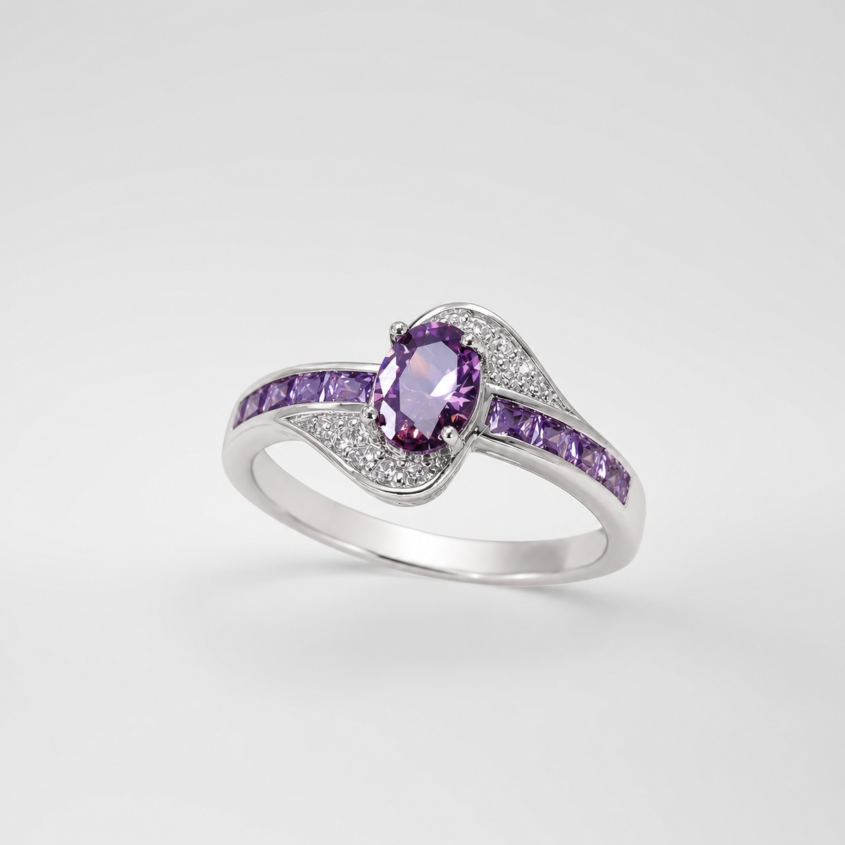 Violet Whisper Crystal Twist Ring on light gray background