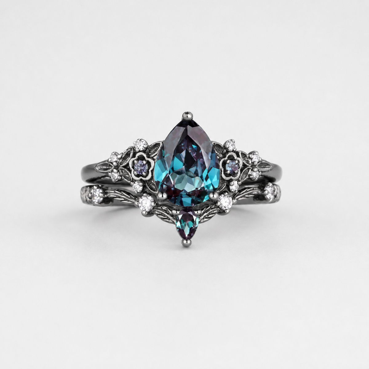 Gun Black Sapphire Zirconia Ring Set on light gray background