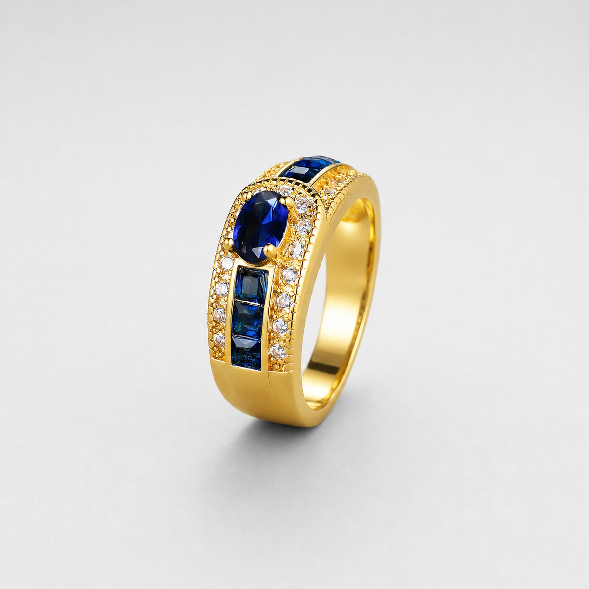 Royal Golden Signet Sapphire Ring on light gray background