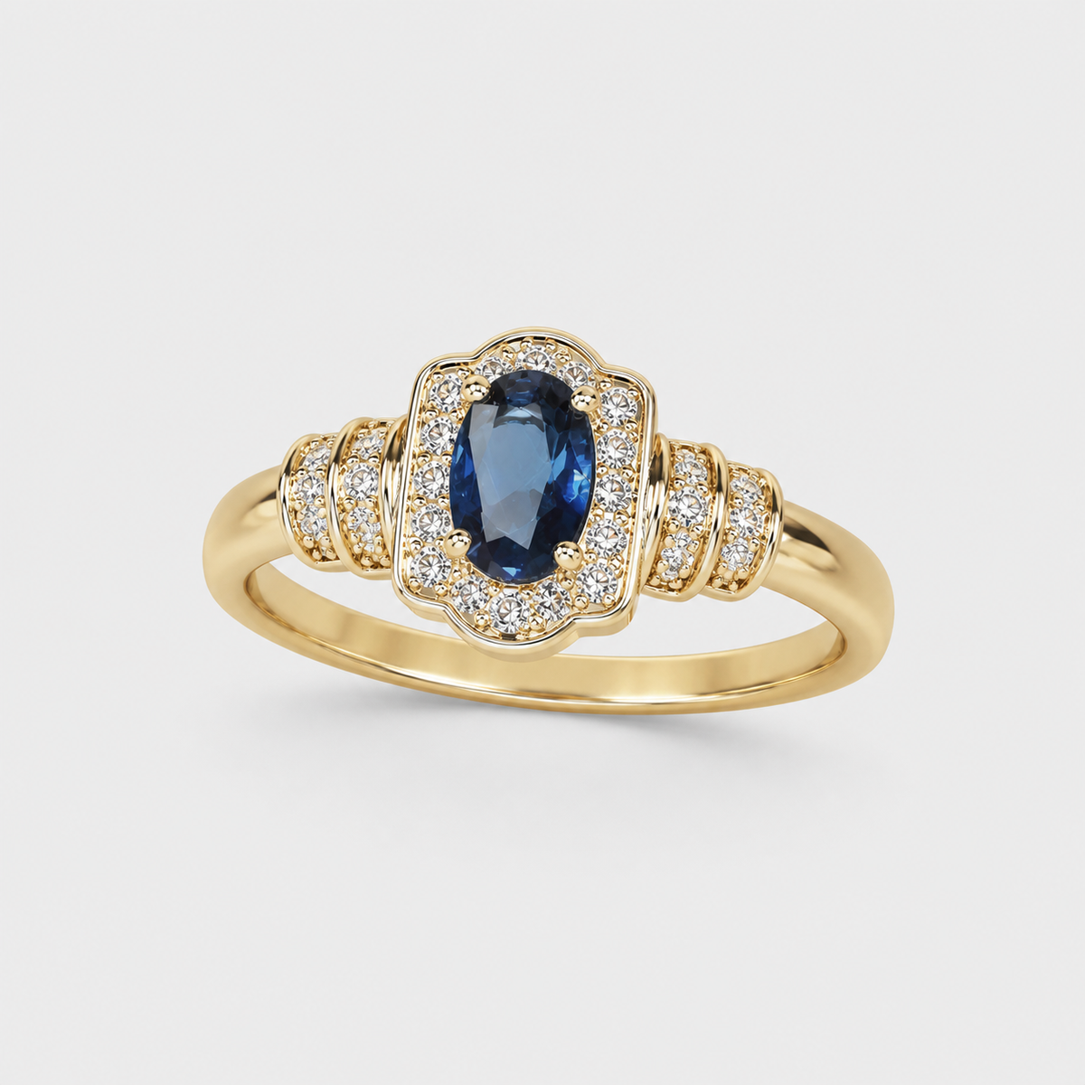 Heirloom Sapphire Halo Crystal Ring on light gray background